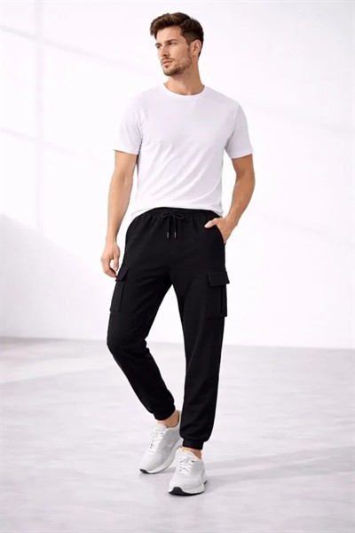 Erkek Jogger Eşofman Altı Regular Fit , Kargo Cepli, Lastikli Paça, Günlük Spor Pantolon - Siyah