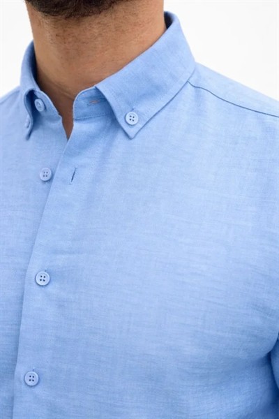 Erkek KETEN Kumaş Oversize Uzun Kollu Rahat Kalıp Gömlek - Açık Mavi