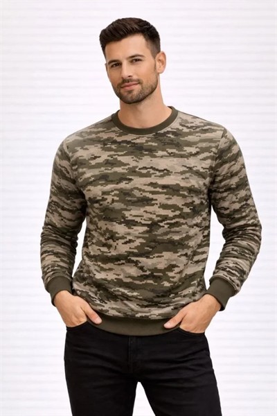 Erkek Kamuflaj Desenli 2 İplik 4 Mevsim Uzun Kollu Bisiklet Yaka Sweatshirt - Kamuflaj