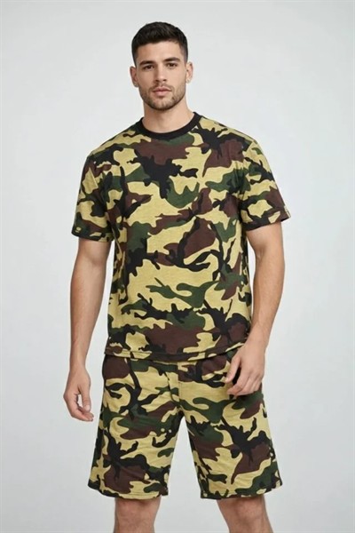 Erkek Kamuflaj Desenli Tişört Şort Takım – Regular Fit Günlük Spor 2’li Yazlık Kombin - Kamuflaj