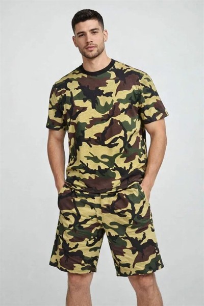 Erkek Kamuflaj Desenli Tişört Şort Takım – Regular Fit Günlük Spor 2’li Yazlık Kombin - Kamuflaj