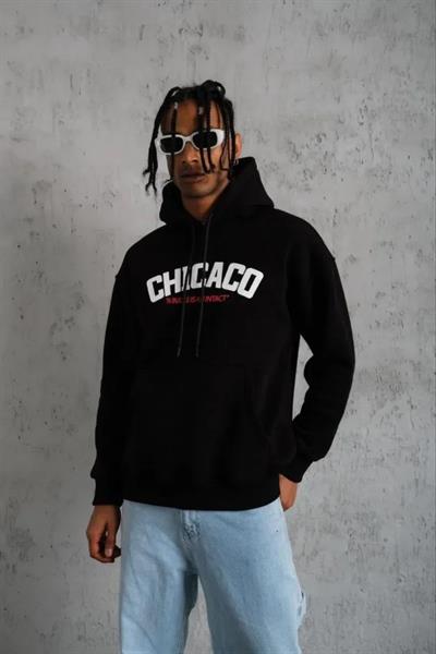 Erkek Kanguru Cepli Baskılı Kapüşonlu Sweatshirt - Siyah