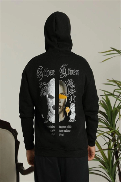 Erkek Kapşonlu Sweatshirt – Oversize Üç İplik Şardonlu Hoodie, “Other Lives” Ön - Arka Baskılı, Kanguru Cepli, Kışlık Rahat Günlük Stil - Siyah