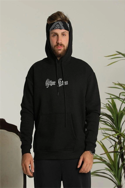 Erkek Kapşonlu Sweatshirt – Oversize Üç İplik Şardonlu Hoodie, “Other Lives” Ön - Arka Baskılı, Kanguru Cepli, Kışlık Rahat Günlük Stil - Siyah