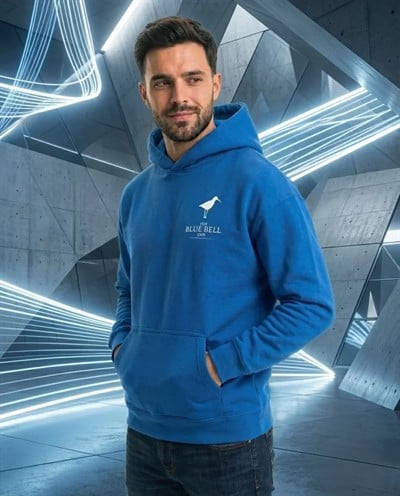 Erkek Kapüşonlu Double Oversize Üç İplik Pamuklu Deniz Yelken Baskılı Kanguru - Saks Mavisi