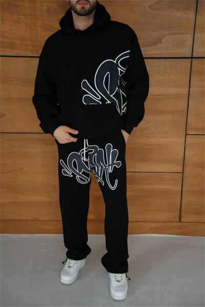 Erkek Kapüşonlu Eşofman Takım Graffiti Baskılı Oversize Rahat Kalıp, Kanguru Cepli, Streetwear Tarzında Premium Ürün 3 Iplik Pamuklu - Siyah