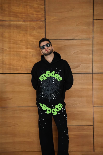 Erkek Kapüşonlu Eşofman Takım Örümcek Ağı Ve Neon Yeşil Baskılı Kanguru Cepli Oversize Rahat Kalıp, Premium Üç İplik Kumaş - Siyah