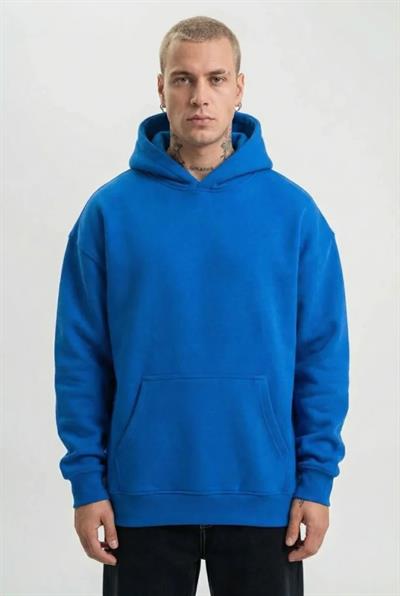 Erkek Kapüşonlu Oversize Hoodie – Üç İplik Pamuklu, Astronot Temalı Renkli Dünya Baskılı, Kanguru Cepli Premium Sweatshirt - Saks Mavi