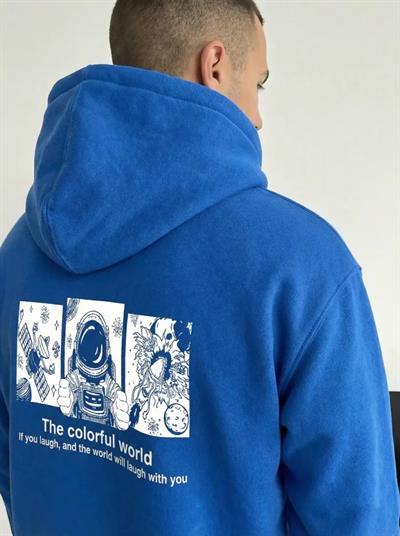 Erkek Kapüşonlu Oversize Hoodie – Üç İplik Pamuklu, Astronot Temalı Renkli Dünya Baskılı, Kanguru Cepli Premium Sweatshirt - Saks Mavi