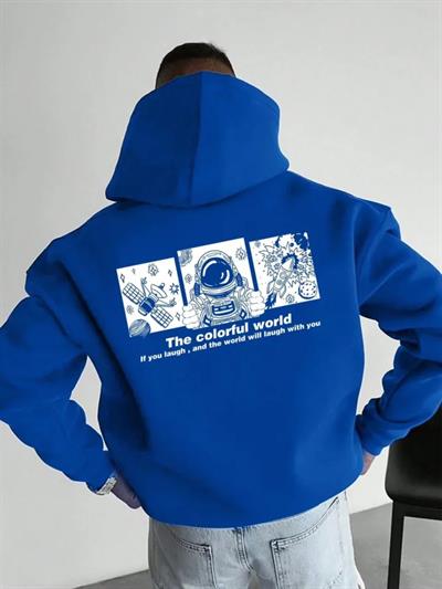 Erkek Kapüşonlu Oversize Hoodie – Üç İplik Pamuklu, Astronot Temalı Renkli Dünya Baskılı, Kanguru Cepli Premium Sweatshirt - Saks Mavi