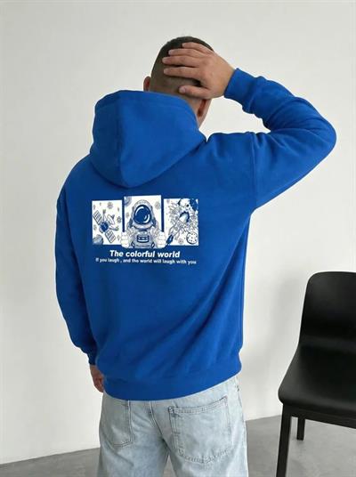 Erkek Kapüşonlu Oversize Hoodie – Üç İplik Pamuklu, Astronot Temalı Renkli Dünya Baskılı, Kanguru Cepli Premium Sweatshirt - Saks Mavi