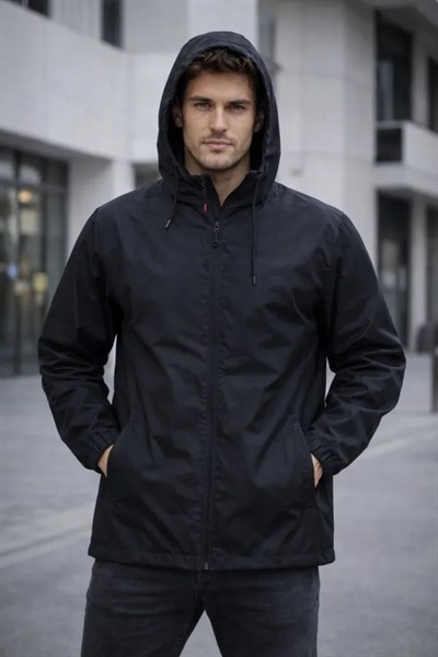 Erkek Kapüşonlu Su İtici Rüzgarlık Ceket Mevsimlik Hafif Mont - Siyah