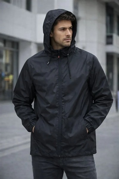 Erkek Kapüşonlu Su İtici Rüzgarlık Ceket Mevsimlik Hafif Mont - Siyah