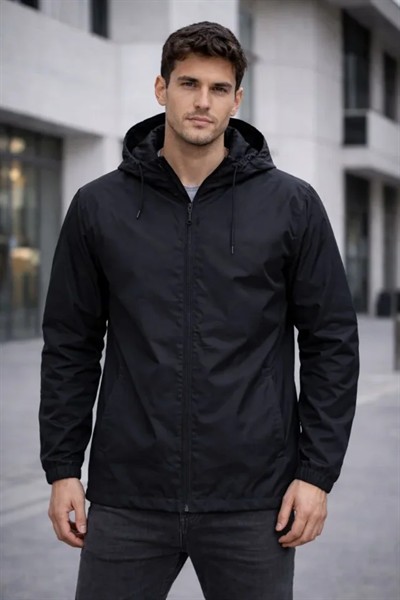 Erkek Kapüşonlu Su İtici Rüzgarlık Ceket Mevsimlik Hafif Mont - Siyah