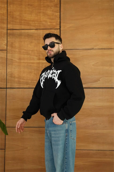 Erkek Kapüşonlu Sweatshirt  Hoodie 3 İplik Şardonlu Pamuklu Kumaş, Önü Baskılı, Fermuarlı Rahat Kalıp, Kışlık Ve Sokak Stili Sweat - Siyah