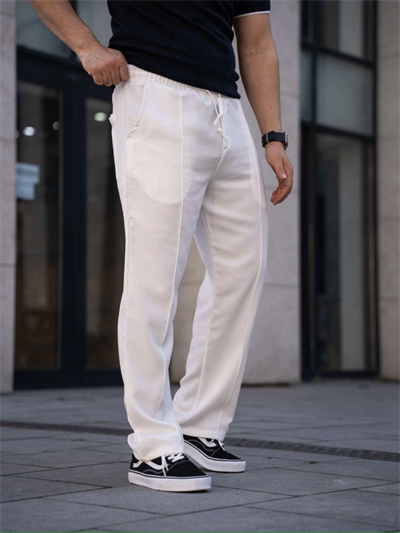Erkek Keten Cepli Çıma Dikişli Jogger Buggy Pantalon Rahat Kalıp - Beyaz