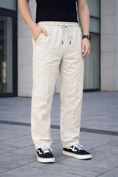 Erkek Keten Cepli Çıma Dikişli Jogger Buggy Pantalon Rahat Kalıp - Krem