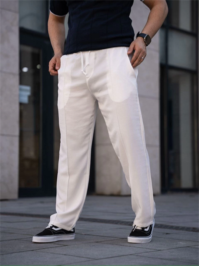 Erkek Keten Cepli Çıma Dikişli Jogger Buggy Pantalon Rahat Kalıp - Beyaz