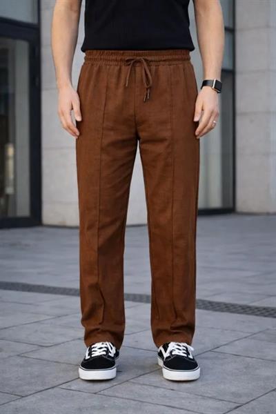 Erkek Keten Cepli Çıma Dikişli Jogger Buggy Pantalon Rahat Kalıp - Kahverengi