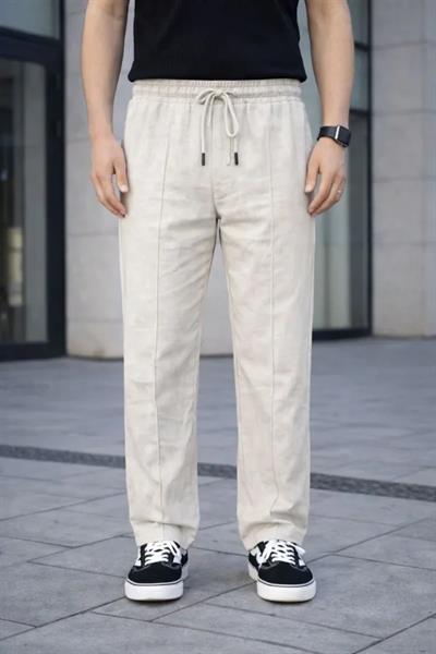 Erkek Keten Cepli Çıma Dikişli Jogger Buggy Pantalon Rahat Kalıp - Krem