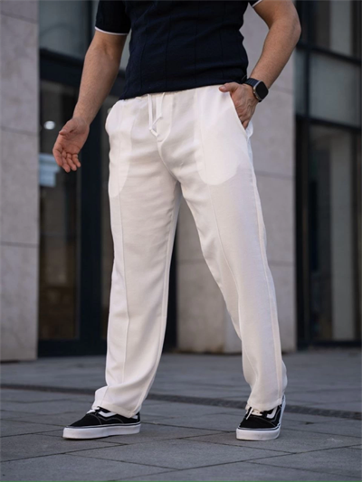 Erkek Keten Cepli Çıma Dikişli Jogger Buggy Pantalon Rahat Kalıp - Beyaz