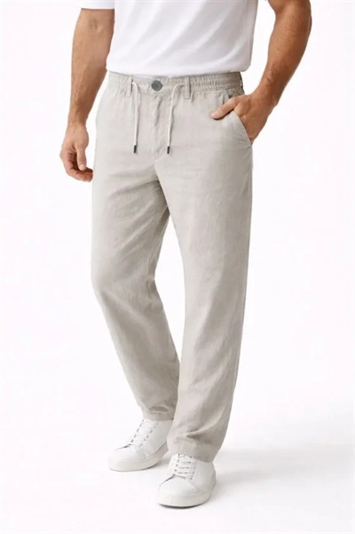 Erkek Keten Cepli Pantolon Lastikli Bel Bağcıklı Önden Fermuarlı - Gri