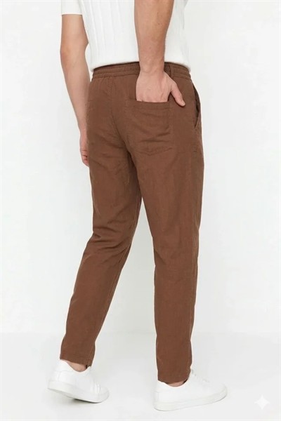 Erkek Keten Cepli Pantolon Lastikli Bel Bağcıklı Önden Fermuarlı - Kahverengi