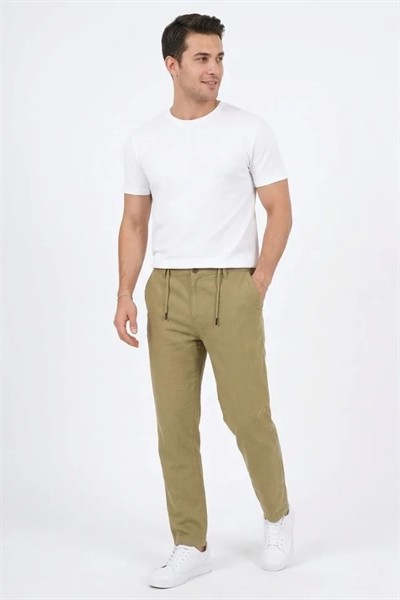 Erkek Keten Cepli Pantolon Lastikli Bel Bağcıklı Önden Fermuarlı - Mint Yeşili