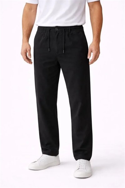 Erkek Keten Cepli Pantolon Lastikli Bel Bağcıklı Önden Fermuarlı - Siyah