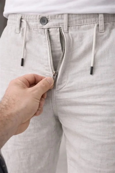 Erkek Keten Cepli Pantolon Lastikli Bel Bağcıklı Önden Fermuarlı - Gri
