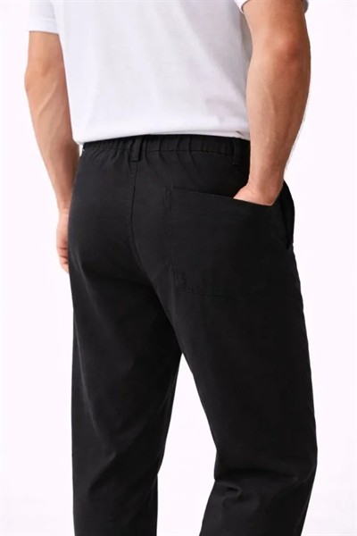 Erkek Keten Cepli Pantolon Lastikli Bel Bağcıklı Önden Fermuarlı - Siyah
