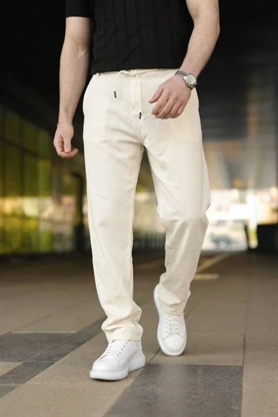 Erkek Keten Cepli Pantolon Lastikli Bel Bağcıklı Önden Fermuarlı - Krem