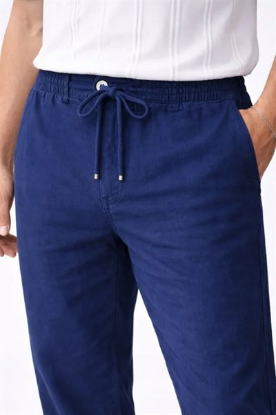 Erkek Keten Cepli Pantolon Lastikli Bel Bağcıklı Önden Fermuarlı - İndigo