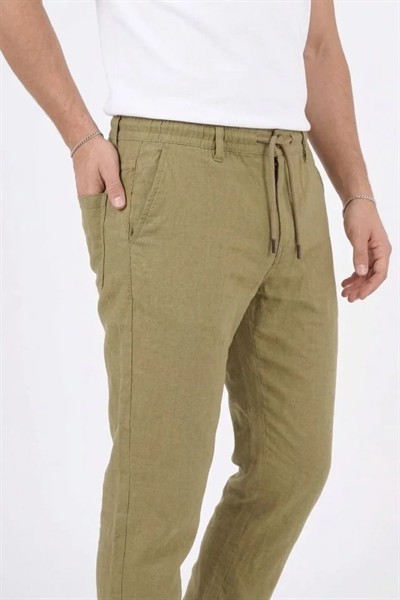 Erkek Keten Cepli Pantolon Lastikli Bel Bağcıklı Önden Fermuarlı - Mint Yeşili