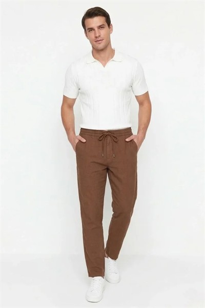 Erkek Keten Cepli Pantolon Lastikli Bel Bağcıklı Önden Fermuarlı - Kahverengi