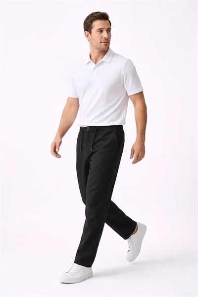 Erkek Keten Cepli Pantolon Lastikli Bel Bağcıklı Önden Fermuarlı - Siyah