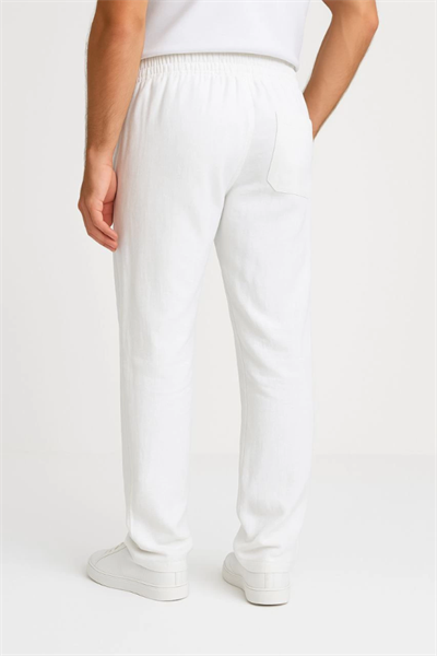 Erkek Keten Pantolon – Cepli, Beli Lastikli Ve Bağcıklı, Nefes Alan Rahat Kalıp, Yazlık Ve Baharlık Günlük Giyim, Şık - Konforlu Boru Paça Model - Beyaz