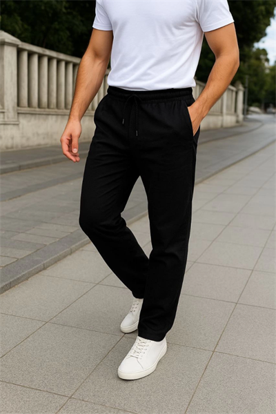 Erkek Keten Pantolon – Cepli, Beli Lastikli Ve Bağcıklı, Nefes Alan Rahat Kalıp, Yazlık Ve Baharlık Günlük Giyim, Şık - Konforlu Boru Paça Model - Siyah