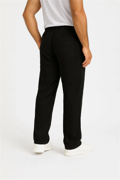 Erkek Keten Pantolon – Cepli, Beli Lastikli Ve Bağcıklı, Nefes Alan Rahat Kalıp, Yazlık Ve Baharlık Günlük Giyim, Şık - Konforlu Boru Paça Model - Siyah