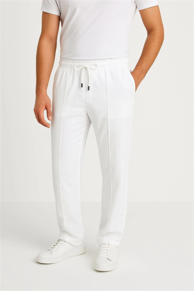 Erkek Keten Pantolon – Cepli, Beli Lastikli Ve Bağcıklı, Nefes Alan Rahat Kalıp, Yazlık Ve Baharlık Günlük Giyim, Şık - Konforlu Boru Paça Model - Beyaz