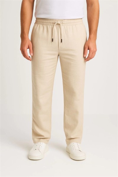 Erkek Keten Pantolon – Cepli, Beli Lastikli Ve Bağcıklı, Nefes Alan Rahat Kalıp, Yazlık Ve Baharlık Günlük Giyim, Şık - Konforlu Boru Paça Model - Bej