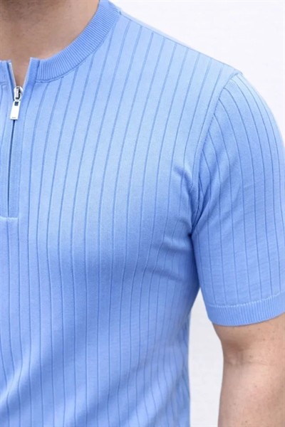 Erkek Kısa Kol Fitilli Triko T-Shirt Yazlık Hakim Yaka Tişört - Bebek Mavisi