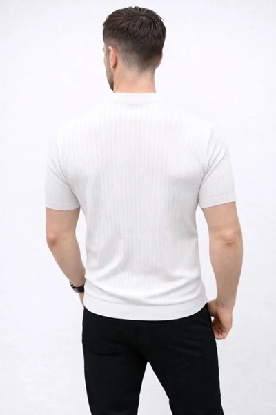 Erkek Kısa Kol Fitilli Triko T-Shirt Yazlık Hakim Yaka Tişört - Beyaz