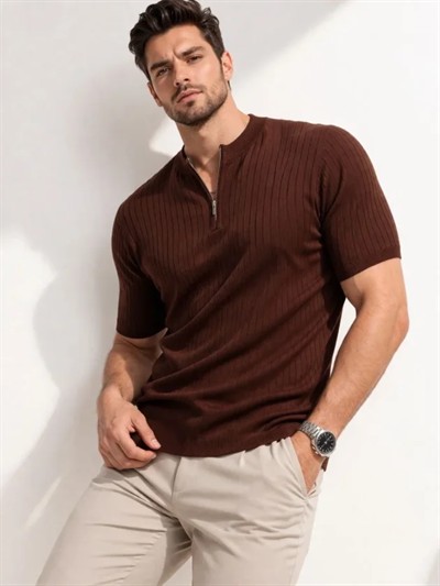 Erkek Kısa Kol Fitilli Triko T-Shirt Yazlık Hakim Yaka Tişört - Kahverengi