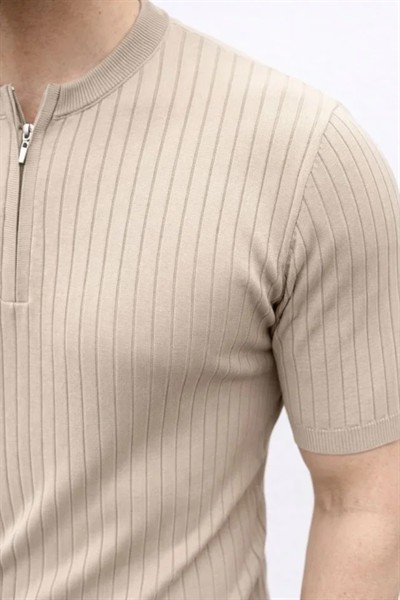Erkek Kısa Kol Fitilli Triko T-Shirt Yazlık Hakim Yaka Tişört - Bej