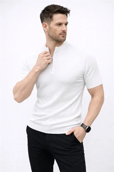 Erkek Kısa Kol Fitilli Triko T-Shirt Yazlık Hakim Yaka Tişört - Beyaz
