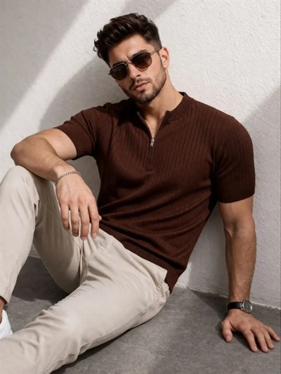 Erkek Kısa Kol Fitilli Triko T-Shirt Yazlık Hakim Yaka Tişört - Kahverengi