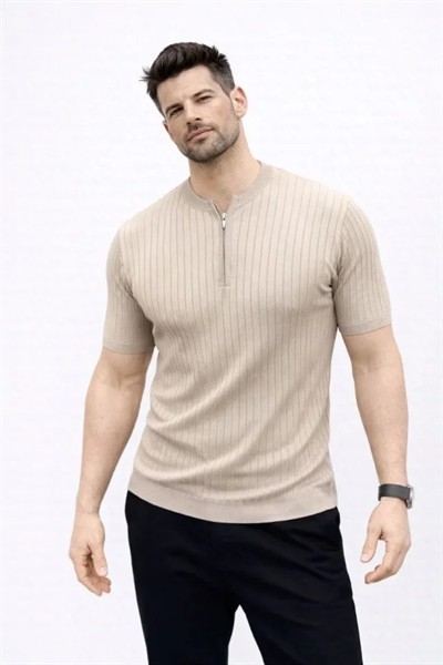 Erkek Kısa Kol Fitilli Triko T-Shirt Yazlık Hakim Yaka Tişört - Bej