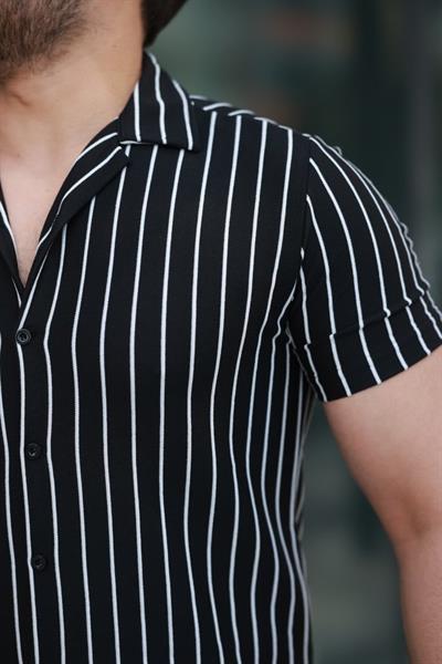 Erkek Kısa Kollu Beyaz çizgi Desenli örme Kumaş Pamuklu Gömlek
