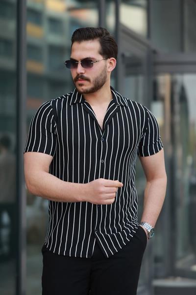 Erkek Kısa Kollu Beyaz çizgi Desenli örme Kumaş Pamuklu Gömlek